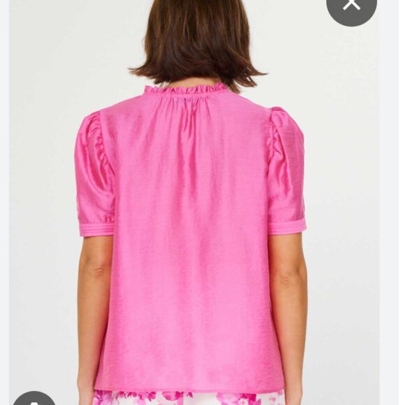 SANDRO 100% Silk Bright Pink Ruffle Romantic Tie Neck Blouse Women's Medium $285 - Picture 3 of 7
